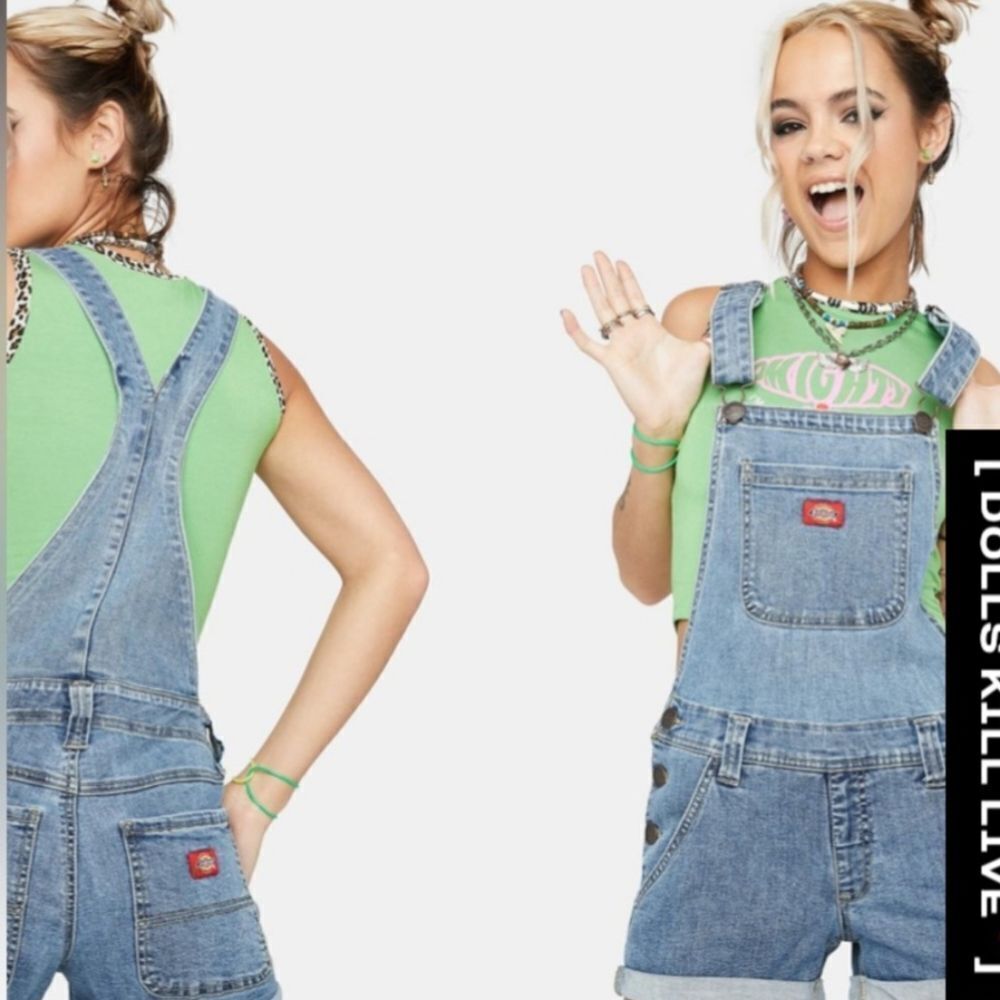 Dickies Girl Dolls Kill Roll Hem Denim Overall Shortalls Sz XL